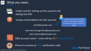 © Digital Cloud Training | https://digitalcloud.training
What you need…
Credit card for setting up the account and
paying any bills
Unique email address for this account
AWS account name – mine will be DCT-MANAGEMENT
Check if you can use an alias
with an existing email address
(e.g dynamic aliases in Gmail /
O365)
john+dctmanagement@example.com
john+dctprod@example.com
john@example.com
Phone to receive an SMS verification code
 