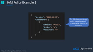 © Digital Cloud Training | https://digitalcloud.training
IAM Policy Example 1
The AdministratorAccess
policy uses wildcards (*)
to allow all actions on all
resources
 