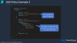 © Digital Cloud Training | https://digitalcloud.training
IAM Policy Example 2
The effect is to deny the API
action if the IP address is not
in the specified range
The specific API
action is defined
 