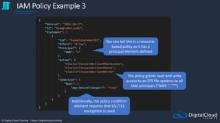 © Digital Cloud Training | https://digitalcloud.training
IAM Policy Example 3
You can tell this is a resource-
based policy as it has a
principal element defined
The policy grants read and write
access to an EFS file systems to all
IAM principals ("AWS ": "*")
Additionally, the policy condition
element requires that SSL/TLS
encryption is used
 