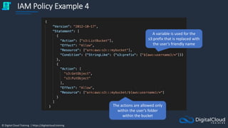 © Digital Cloud Training | https://digitalcloud.training
IAM Policy Example 4
A variable is used for the
s3:prefix that is replaced with
the user’s friendly name
The actions are allowed only
within the user’s folder
within the bucket
 