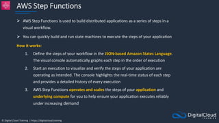 © Digital Cloud Training | https://digitalcloud.training
AWS Step Functions
 AWS Step Functions is used to build distributed applications as a series of steps in a
visual workflow.
 You can quickly build and run state machines to execute the steps of your application
How it works:
1. Define the steps of your workflow in the JSON-based Amazon States Language.
The visual console automatically graphs each step in the order of execution
2. Start an execution to visualize and verify the steps of your application are
operating as intended. The console highlights the real-time status of each step
and provides a detailed history of every execution
3. AWS Step Functions operates and scales the steps of your application and
underlying compute for you to help ensure your application executes reliably
under increasing demand
 