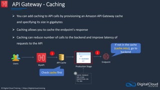 © Digital Cloud Training | https://digitalcloud.training
API Gateway - Caching
 You can add caching to API calls by provisioning an Amazon API Gateway cache
and specifying its size in gigabytes
 Caching allows you to cache the endpoint's response
 Caching can reduce number of calls to the backend and improve latency of
requests to the API
Production Stage
CACHE: ENABLED
SIZE: 0.5GB
ENCRYPTION: ON
TTL: 900
MyAPI
API Cache
Users
Endpoint
1 2
Check cache first
If not in the cache
(cache miss), go to
backend
 