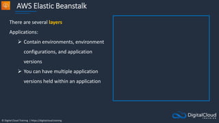 © Digital Cloud Training | https://digitalcloud.training
AWS Elastic Beanstalk
There are several layers
Applications:
 Contain environments, environment
configurations, and application
versions
 You can have multiple application
versions held within an application
 