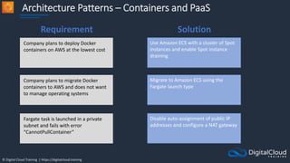 © Digital Cloud Training | https://digitalcloud.training
Architecture Patterns – Containers and PaaS
Company plans to deploy Docker
containers on AWS at the lowest cost
Use Amazon ECS with a cluster of Spot
instances and enable Spot instance
draining
Company plans to migrate Docker
containers to AWS and does not want
to manage operating systems
Migrate to Amazon ECS using the
Fargate launch type
Fargate task is launched in a private
subnet and fails with error
“CannotPullContainer”
Disable auto-assignment of public IP
addresses and configure a NAT gateway
Requirement Solution
 