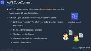 © Digital Cloud Training | https://digitalcloud.training
AWS CodeCommit
 AWS CodeCommit is a fully-managed source control service that
hosts secure Git-based repositories
 Git is an Open-Source distributed source control system:
 Centralized repository for all of your code, binaries, images,
and libraries
 Tracks and manages code changes
 Maintains version history
 Manages updates from multiple sources
 Enables collaboration
AWS CodeCommit
 