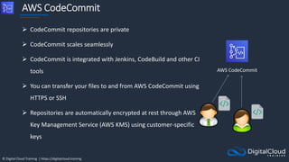 © Digital Cloud Training | https://digitalcloud.training
AWS CodeCommit
 CodeCommit repositories are private
 CodeCommit scales seamlessly
 CodeCommit is integrated with Jenkins, CodeBuild and other CI
tools
 You can transfer your files to and from AWS CodeCommit using
HTTPS or SSH
 Repositories are automatically encrypted at rest through AWS
Key Management Service (AWS KMS) using customer-specific
keys
AWS CodeCommit
 