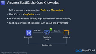 © Digital Cloud Training | https://digitalcloud.training
Amazon ElastiCache Core Knowledge
• Fully managed implementations Redis and Memcached
• ElastiCache is a key/value store
• In-memory database offering high performance and low latency
• Can be put in front of databases such as RDS and DynamoDB
Instance
ElastiCache
Node
Amazon RDS
Load data Cache hit
Database write
 