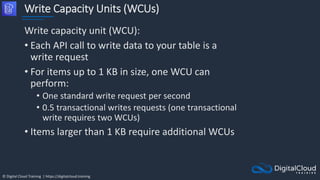 © Digital Cloud Training | https://digitalcloud.training
Write Capacity Units (WCUs)
Write capacity unit (WCU):
• Each API call to write data to your table is a
write request
• For items up to 1 KB in size, one WCU can
perform:
• One standard write request per second
• 0.5 transactional writes requests (one transactional
write requires two WCUs)
• Items larger than 1 KB require additional WCUs
 