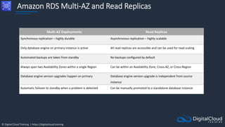 © Digital Cloud Training | https://digitalcloud.training
Amazon RDS Multi-AZ and Read Replicas
Multi-AZ Deployments Read Replicas
Synchronous replication – highly durable Asynchronous replication – highly scalable
Only database engine on primary instance is active All read replicas are accessible and can be used for read scaling
Automated backups are taken from standby No backups configured by default
Always span two Availability Zones within a single Region Can be within an Availability Zone, Cross-AZ, or Cross-Region
Database engine version upgrades happen on primary Database engine version upgrade is independent from source
instance
Automatic failover to standby when a problem is detected Can be manually promoted to a standalone database instance
 