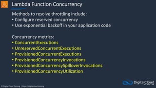 © Digital Cloud Training | https://digitalcloud.training
Lambda Function Concurrency
Methods to resolve throttling include:
• Configure reserved concurrency
• Use exponential backoff in your application code
Concurrency metrics:
• ConcurrentExecutions
• UnreservedConcurrentExecutions
• ProvisionedConcurrentExecutions
• ProvisionedConcurrencyInvocations
• ProvisionedConcurrencySpilloverInvocations
• ProvisionedConcurrencyUtilization
 