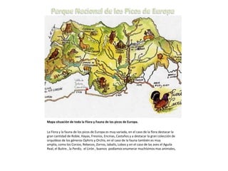 Mapa situación de toda la Flora y Fauna de los picos de Europa.

La Flora y la fauna de los picos de Europa es muy variada, en el caso de la flora destacar la
gran cantidad de Roble, Hayas, Fresnos, Encinas, Castaños y a destacar la gran colección de
orquídeas de los géneros Ophiris y Orchis, en el caso de la fauna también es muy
amplia, como los Corzos, Rebecos, Zorros, Jabalís, Lobos y en el caso de las aves el Aguila
Real, el Buitre , la Perdiz, el Lirón , buenos podíamos enumerar muchísimos mas animales,
 