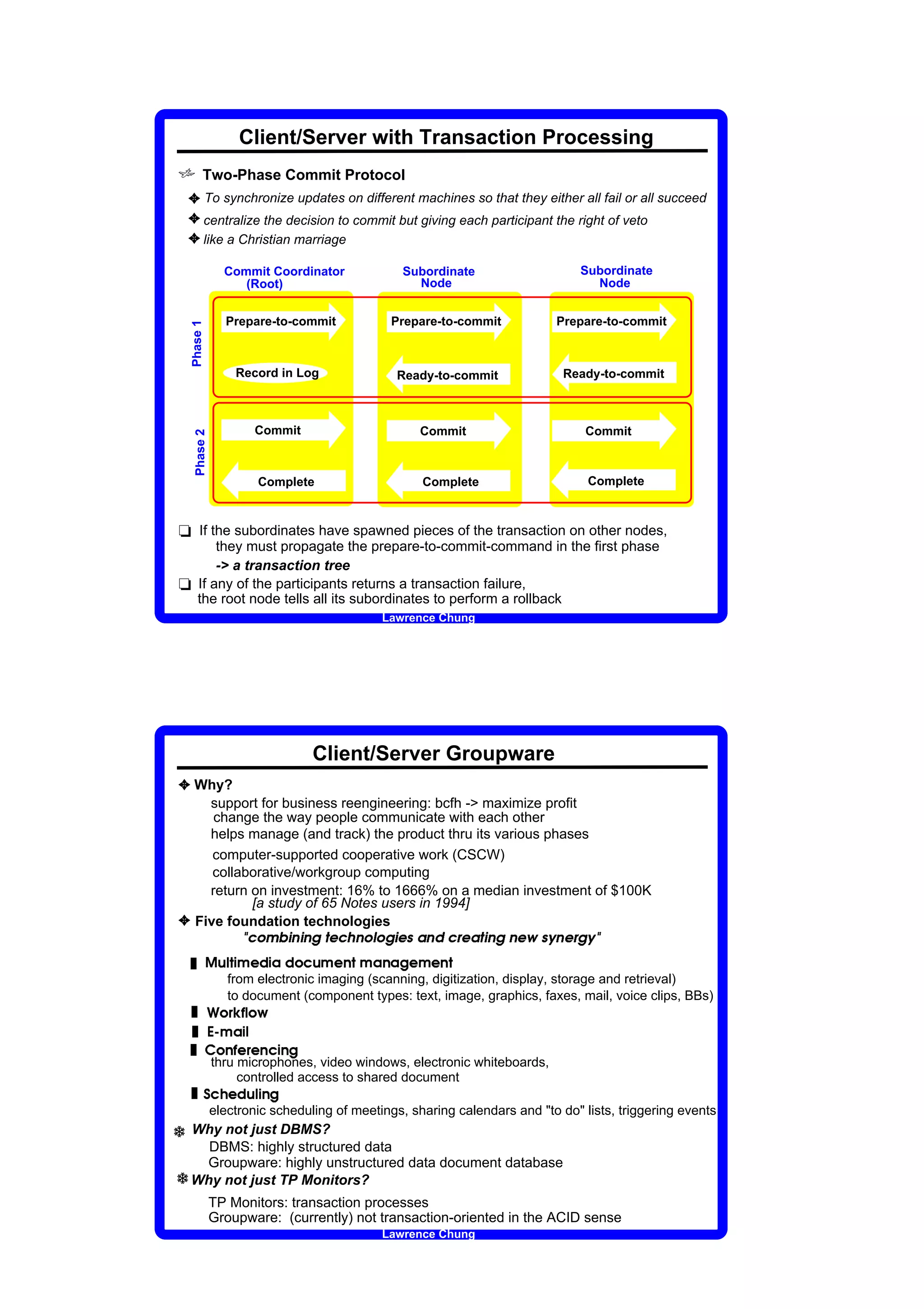 Client/Server with Transaction Processing
v       Two-Phase Commit Protocol
 3 To synchronize updates on different machines so that they either all fail or all succeed
 3 centralize the decision to commit but giving each participant the right of veto
 3 like a Christian marriage
                                                    Commit Coordinator                                                                                                                                                                                                                                      Subordinate                                                                                          Subordinate
                                                       (Root)                                                                                                                                                                                                                                                 Node                                                                                                 Node


                                                    Prepare-to-commit                                                                                                                                                                                                                           Prepare-to-commit                                                                                   Prepare-to-commit
  Phase 1




                                                                                    Record in Log                                                                                                                                                                                                   Ready-to-commit                                                                                  Ready-to-commit



                                                                                                                                Commit                                                                                                                                                                                      Commit                                                                               Commit
    Phase 2




                                                                                                                                            Complete                                                                                                                                                                        Complete                                                                              Complete



t If the subordinates have spawned pieces of the transaction on other nodes,
      they must propagate the prepare-to-commit-command in the first phase
      - a transaction tree
t If any of the participants returns a transaction failure,
  the root node tells all its subordinates to perform a rollback
                                                                                                                                                                                                                                                                                    Lawrence Chung




                                                                                                                                                                                                                            Client/Server Groupware
3 Why?
    support for business reengineering: bcfh - maximize profit
     change the way people communicate with each other
    helps manage (and track) the product thru its various phases
     computer-supported cooperative work (CSCW)
     collaborative/workgroup computing
    return on investment: 16% to 1666% on a median investment of $100K
           [a study of 65 Notes users in 1994]
3 Five foundation technologies                                                                      t               u                   v                   w                       x           y       z       y   z   {           |   }       u       ~       z       v      v       {       y   }       €              z       ‚       u   ƒ   }      |   y   z   {   z   }   „   €   …   z    }   ƒ   {    …   t




  „
                ›                                                               ‘                                                                                  ‘                                                                                                                                              




                                        š               ‹           œ                                                   ”                       ™                                           ™               ‡       •       š               ”       “       œ                       “                   –       ”               ”       “   œ




                                                            from electronic imaging (scanning, digitization, display, storage and retrieval)
                                                            to document (component types: text, image, graphics, faxes, mail, voice clips, BBs)
  „                 †                       ‡                   ˆ           ‰               Š           ‹           ‡               Œ




  „
                               Ž                                                             ‘




                                                                                                            ‹




  „
                                                                                                                                                                                ‘




                                    ‡               “                   Š               ”                       ˆ           ”                       “           •                       “           –

            ’




                            thru microphones, video windows, electronic whiteboards,
                                 controlled access to shared document
  „
                                                                                                                                            ‘




        —                   •                   ˜           ”                       ™                           š               ‹                       “               –




                            electronic scheduling of meetings, sharing calendars and to do lists, triggering events
e Why not just DBMS?
    DBMS: highly structured data
   Groupware: highly unstructured data document database
e Why not just TP Monitors?
                            TP Monitors: transaction processes
                            Groupware: (currently) not transaction-oriented in the ACID sense
                                                                                                                                                                                                                                                                                    Lawrence Chung
 