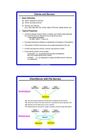 Clients and Servers
v   Basic Definition
    3 Client: requests for services
    3 Server: provides services
    2 Service: any resource
       (e.g., data, type defn, file, control, object, CPU time, display device, etc.)

v   Typical Properties
    u A service request is about what is needed, and it often made abstractly
       It is up to the server to determine how to get the job done
             - the notion of module
                 (cf. MILs, ADTs --- Larch, Z)

    u The ideal client/server software is independent of hardware or OS platform
    u The location of clients and servers are usually transparent to the user
    u A client may become a server; a server may become a client
    u A client/server system can be scaled
            horizontally, i.e., by adding/removing client workstations
            with only a slight performance impact
            vertically,  i.e., by migrating to a larger and faster server machines
            or multiservers


                                  Lawrence Chung




                Client/Server with File Servers


                     Client            Client             Client
                   Application       Application        Application

Centralized

                                       File Server


        3   The client passes requests to the file server (software) for file records
        3   Clients can reside in the same machine or separate machines (typically PCs)
        3   Requests can be either local or over a network
        3   Indispensable for documents, images, drawings, and other large data objects

                     Client              Client           Client
                   Application         Application      Application


Distributed                            Network



                         File Server             File Server



                                  Lawrence Chung
 
