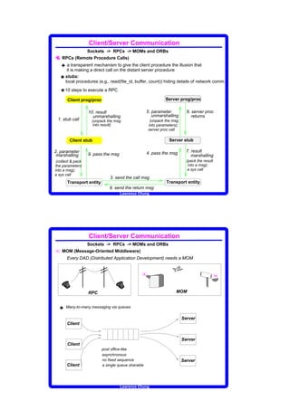 Client/Server Communication
                   Sockets - RPCs - MOMs and ORBs
¤ RPCs (Remote Procedure Calls)
    3 a transparent mechanism to give the client procedure the illusion that
       it is making a direct call on the distant server procedure
    3 stubs:
      local procedures (e.g., read(file_id, buffer, count)) hiding details of network comm.

    3 10 steps to execute a RPC
       Client prog/proc                                      Server prog/proc

                   10. result                       5. parameter          6. server proc
                     unmarshalling                     unmarshalling         returns
 1. stub call       (unpack the msg                  (unpack the msg
                     into result)                   into parameters);
                                                    server proc call

        Client stub                                            Server stub

2. parameter                                        4. pass the msg       7. result
 marshalling       9. pass the msg                                           marshalling
 (collect  pack                                                          (pack the result
the parameters                                                             into a msg);
into a msg);                                                               a sys call
a sys call
                              3. send the call msg
       Transport entity                                       Transport entity
                              8. send the return msg
                                     Lawrence Chung




                   Client/Server Communication
                   Sockets - RPCs - MOMs and ORBs
u   MOM (Message-Oriented Middleware)
       Every DAD (Distributed Application Development) needs a MOM


                                                u                v                           u
    ¤              RPC
                                 ¤                                 MOM


  3   Many-to-many messaging via queues

                                                                        Server
       Client


                                                                        Server
       Client
                          post office-like
                          asynchronous
                          no fixed sequence                             Server
       Client             a single queue sharable




                                     Lawrence Chung
 
