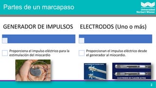 Partes de un marcapaso
GENERADOR DE IMPULSOS
Proporciona el impulso eléctrico para la
estimulación del miocardio
ELECTRODO...