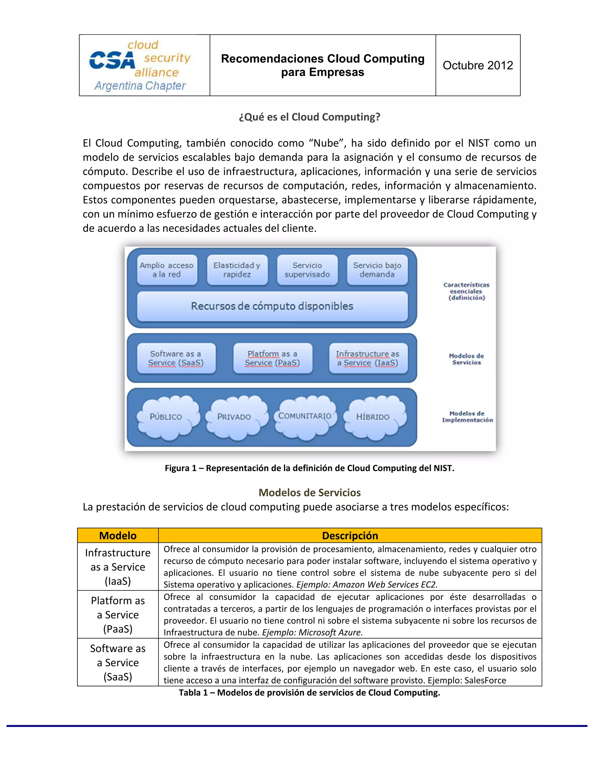 Recomendaciones Cloud Computing
                                                                                        Octubre 2012
                                       para Empresas


                                    ¿Qué es el Cloud Computing?

El Cloud Computing, también conocido como “Nube”, ha sido definido por el NIST como un
modelo de servicios escalables bajo demanda para la asignación y el consumo de recursos de
cómputo. Describe el uso de infraestructura, aplicaciones, información y una serie de servicios
compuestos por reservas de recursos de computación, redes, información y almacenamiento.
Estos componentes pueden orquestarse, abastecerse, implementarse y liberarse rápidamente,
con un mínimo esfuerzo de gestión e interacción por parte del proveedor de Cloud Computing y
de acuerdo a las necesidades actuales del cliente.




                 Figura 1 – Representación de la definición de Cloud Computing del NIST.

                                      Modelos de Servicios
La prestación de servicios de cloud computing puede asociarse a tres modelos específicos:

   Modelo                                                Descripción
Infrastructure   Ofrece al consumidor la provisión de procesamiento, almacenamiento, redes y cualquier otro
                 recurso de cómputo necesario para poder instalar software, incluyendo el sistema operativo y
 as a Service    aplicaciones. El usuario no tiene control sobre el sistema de nube subyacente pero si del
     (IaaS)      Sistema operativo y aplicaciones. Ejemplo: Amazon Web Services EC2.
 Platform as     Ofrece al consumidor la capacidad de ejecutar aplicaciones por éste desarrolladas o
                 contratadas a terceros, a partir de los lenguajes de programación o interfaces provistas por el
  a Service      proveedor. El usuario no tiene control ni sobre el sistema subyacente ni sobre los recursos de
    (PaaS)       Infraestructura de nube. Ejemplo: Microsoft Azure.
 Software as     Ofrece al consumidor la capacidad de utilizar las aplicaciones del proveedor que se ejecutan
                 sobre la infraestructura en la nube. Las aplicaciones son accedidas desde los dispositivos
  a Service      cliente a través de interfaces, por ejemplo un navegador web. En este caso, el usuario solo
   (SaaS)        tiene acceso a una interfaz de configuración del software provisto. Ejemplo: SalesForce
                     Tabla 1 – Modelos de provisión de servicios de Cloud Computing.
 