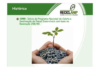 Histórico
1999: Início do Programa Nacional de Coleta e
Destinação de Pneus Inservíveis com base na
Resolução 258/99.
 