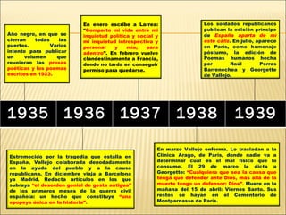 En enero escribe a Larrea:                   Los soldados republicanos
                           “Comparto mi vida entre mi                   publican la edición príncipe
Año negro, en que se       inquietud política y social y                de España aparta de mí
cierran    todas    las    mi inquietud introspectiva y                 este cáliz. En julio, aparece
puertas.         Varios    personal    y    mía,   para                 en París, como homenaje
intento para publicar      adentro”. En febrero vuelve                  póstumo, la edición de
un     volumen     que     clandestinamente a Francia,                  Poemas humanos hecha
reunieran las prosas       donde no tarda en conseguir                  por        Raúl        Porras
poéticas y los poemas      permiso para quedarse.                       Barrenechea y Georgette
escritos en 1923.                                                       de Vallejo.




1935 1936 1937 1938                                                                 1939

                                                       En marzo Vallejo enferma. Lo trasladan a la
Estremecido por la tragedia que estalla en             Clínica Arago, de París, donde nadie va a
España, Vallejo colaborada denodadamente               determinar cuál es el mal físico que lo
en la ayuda del pueblo y a la causa                    consume. El 29 de marzo le dicta a
republicana. En diciembre viaja a Barcelona            Georgette: “Cualquiera que sea la causa que
ya Madrid. Redacta artículos en los que                tenga que defender ante Dios, más allá de la
subraya “el desorden genial de gesta antigua”          muerte tengo un defensor: Dios”. Muere en la
de los primeros meses de la guerra civil               mañana del 15 de abril: Viernes Santo. Sus
española: un hecho que constituye “una                 restos se hayan en el Cementerio de
epopeya única en la historia”.                         Montparnasse de París.
 