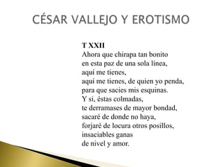 T XXII
Ahora que chirapa tan bonito
en esta paz de una sola línea,
aquí me tienes,
aquí me tienes, de quien yo penda,
para que sacies mis esquinas.
Y si, éstas colmadas,
te derramases de mayor bondad,
sacaré de donde no haya,
forjaré de locura otros posillos,
insaciables ganas
de nivel y amor.

 
