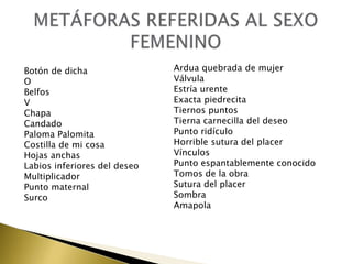 Botón de dicha
O
Belfos
V
Chapa
Candado
Paloma Palomita
Costilla de mi cosa
Hojas anchas
Labios inferiores del deseo
Multiplicador
Punto maternal
Surco

Ardua quebrada de mujer
Válvula
Estría urente
Exacta piedrecita
Tiernos puntos
Tierna carnecilla del deseo
Punto ridículo
Horrible sutura del placer
Vínculos
Punto espantablemente conocido
Tomos de la obra
Sutura del placer
Sombra
Amapola

 