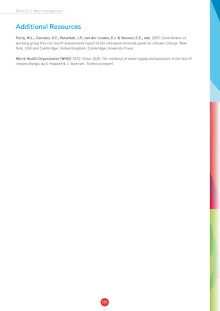 101
MODULE 3: Water management
Additional Resources
Parry, M.L., Canziani, O.F., Palutikof, J.P., van der Linden, P.J. & Hanson, C.E., eds. 2007. Contribution of
working group II to the fourth assessment report of the intergovernmental panel on climate change. New
York, USA and Cambridge, United Kingdom, Cambridge University Press.
World Health Organization (WHO). 2010. Vision 2030: The resilience of water supply and sanitation in the face of
climate change, by G. Howard & J. Bartram. Technical report.
 