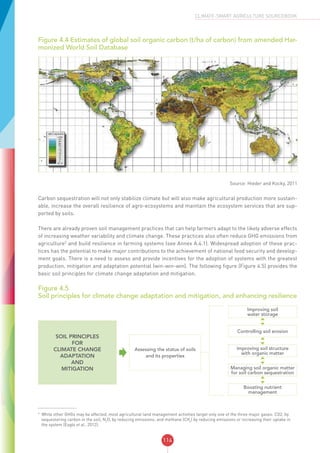 114
CLIMATE-SMART AGRICULTURE SOURCEBOOK
Figure 4.4 Estimates of global soil organic carbon (t/ha of carbon) from amended Har-
monized World Soil Database
Source: Hieder and Kocky, 2011
Carbon sequestration will not only stabilize climate but will also make agricultural production more sustain-
able, increase the overall resilience of agro-ecosystems and maintain the ecosystem services that are sup-
ported by soils.
There are already proven soil management practices that can help farmers adapt to the likely adverse effects
of increasing weather variability and climate change. These practices also often reduce GHG emissions from
agriculture5
and build resilience in farming systems (see Annex A.4.1). Widespread adoption of these prac-
tices has the potential to make major contributions to the achievement of national food security and develop-
ment goals. There is a need to assess and provide incentives for the adoption of systems with the greatest
production, mitigation and adaptation potential (win-win-win). The following figure (Figure 4.5) provides the
basic soil principles for climate change adaptation and mitigation.
Figure 4.5
Soil principles for climate change adaptation and mitigation, and enhancing resilience
SOIL PRINCIPLES
FOR
CLIMATE CHANGE
ADAPTATION
AND
MITIGATION
Assessing the status of soils
and its properties
Improving soil structure
with organic matter
Managing soil organic matter
for soil carbon sequestration
Boosting nutrient
management
Controlling soil erosion
Improving soil
water storage
5
While other GHGs may be affected, most agricultural land management activities target only one of the three major gases: CO2, by
sequestering carbon in the soil; N2
O, by reducing emissions; and methane (CH4
) by reducing emissions or increasing their uptake in
the system (Eagle et al., 2012).
 
