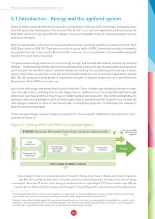 143
MODULE 5: Sound Management of Energy for CSA
5.1 Introduction – Energy and the agrifood system
Global primary energy demand will increase by a third between 2010 and 2035, and today’s developing coun-
tries will account for the majority of this demand (IEA, 2011a). Fossil fuels are expected to continue to meet the
bulk of the primary energy requirements. However, the use of renewable energy is increasing and will continue
to do so in the future.
Over the last decade, crude oil prices have fluctuated around a generally steadily increasing trend line, from
US$ 28 per barrel to US$ 120. There was one dramatic price spike in 2008. Conversely, the costs of renewable
energy have been declining recently. This trend will continue in the coming decades, and renewable energy will
become more and more competitive.
The gap between energy needs and access to energy is large, and demand will certainly increase as countries
develop. The International Energy Agency (IEA) estimates that a fifth of the world’s population lacks access to
electricity and that two-fifths rely on traditional biomass for cooking. The use of biomass for cooking is a severe
cause of high indoor air pollution, which has harmful health effects for rural households, especially for women
(IEA, 2011a). Increasing energy access is essential if the poverty reduction targets set out in the Millennium
Development Goals (MDGs) are to be met.
Agriculture and energy have always been closely interlinked. These linkages have changed and grown stronger
over time. Agriculture, including forestry, has always been a traditional source of energy (through bioenergy),
while fossil fuels have become a major input in modern agricultural production. The energy generated by the
agrifood system can be partially used in the food supply chain or exported outside the system (e.g. through the
sale of biogas produced on-farm to local households, or through the generation of electricity from residues to
feed the national energy grid).
These two-way linkages between energy and agriculture - the energy for and from the agrifood sector, are il-
lustrated in Figure 5.1.
Figure 5.1: Energy FOR and FROM the Agrifood System
}
ENERGY: Electricity; Mechanical Power; Solid; Liquid and Gaseous Fuels
FOOD AND ENERGY LOSSES
FOOD
Crop
production
Energy
Livestock Fish
Production
Processing
Post-Harvest
Storage
Distribution
Retail
Preparation
Cooking
INDIRECTENERGY
Energy outside
the agrifood
system
Source: Based on FAO’s current work being done through the Energy-Smart Food for People and Climate Programme
(see FAO, 2011a and b), the food sector1
currently accounts for around 30 percent of the world’s total end-use energy
consumption.2
More than 70 percent of that energy is used beyond the farm gate (Figure 5.2). Countries with a high GDP use
a greater portion of this energy for processing and transport. In low-GDP countries, cooking consumes the highest share.
1
In this context, food sector concerns only those parts of “agriculture” in the broad FAO sense (i.e. agriculture, forestry and fisheries)
that produce food, as well as the food processing, distribution, retail, preparation and cooking phases.
2
Energy includes direct energy used at the operational level primarily on farms and processing plants, for example for irrigation, land
preparation and harvesting as well as indirect energy that is not directly consumed to operate farms, in fishing or processing plants
but required to manufacture other inputs such as machinery, fertilizers and pesticides.
 