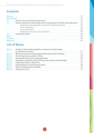 173
MODULE 6: Conservation and sustainable use of genetic resources for food and agriculture
Contents
Overview	 		 			171
Key messages	 		 	171
6.1	 Genetic resources for food and agriculture		175
6.2	 Genetic resources for food and agriculture: a prerequisite for climate-smart agriculture		176
	 		 Using and conserving genetic resources for food and agriculture		179
	 		 In situ conservation		181
	 		 Ex situ conservation		182
	 		 Integrating in situ and ex situ conservation		184
6.3	 Concluding remarks		185
Notes	 		 			185
Acronyms	 		 			186
References	 		 			187
List of Boxes
Box 6.1	 Changes in seed transfer guidelines in response to climate change:
	 an example from Canada	177
Box 6.2	 Marketing to promote locally adapted breeds and improve livelihoods		179
Box 6.3	 Rice-fish agriculture systems in China		180
Box 6.4	 Sustainable practices of nomadic pastoralists		180
Box 6.5	 Temperature regulation and soil fertility in the southern Peruvian Andes		181
Box 6.6	 Tilapia Volta Project in West Africa		182
Box 6.7	 Kuttanad below-sea-level farming system		182
Box 6.8	 Seeds for Needs project in Ethiopia		183
Box 6.9	 Potato park in Peru		184
 