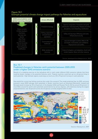 246
CLIMATE-SMART AGRICULTURE SOURCEBOOK
Figure 10.1
Example potential climate change impact pathways for fisheries and aquaculture
Areas affected
Production ecology
Fishing, aquaculture
and post-harvest
operations
Communities and
livelihoods
Wider society and
economy
Impacts
Species composition, Production and yield,
Distribution and seasonality, Disease and other
disruptions, Coral bleaching, Calcification
Safety and security,m Efficiency and costs,
Infrastructure security
Loss and damages to assets, Risks to life
and health, Vulnerability and confidence,
Displacement and conflict
Costs of mitigation and adaptation, Social and
market impacts, Water and other resource
GHG accumulation and
global warming changes
Ocean currents
El Niño–Southern
Oscillation
Sea level rise
Rainfall
River flows
Lake levels
Thermal structure
Storm severity
Storm frequency
Acidification
Source: developed from Badjeck et al., 2010
Box 10.1
Predicted changes in fisheries catch potential between 2005-2055
under a higher GHG emissions scenario
Results of a modeling exercise on the latitudinal shift in catch under different GHG scenarios indicate that there
could be drastic changes in the potential fisheries catch. Tropical countries could face up to a 40 percent drop in
catch potential. High-latitude regions could enjoy as much as a 30 to 70 percent increase in catch potential.
How would the current top fishing countries fare under this scenario? The model predicted that, by 2055, exclusive
economic zones (EEZ) average catch potentials in Nordic countries (such as Greenland [Denmark], Iceland and
Norway) would increase by 18 to 45 percent; in the Alaskan (USA) and Russian Pacific EEZ by around 20 percent. In
most EEZs around the world catch potentials would decline by various degrees, with Indonesia having the largest
projected decline: over 20 percent across the 45 species currently targeted within its EEZ.
Source: Cheung et al., 2009
Change
in catch
potential
(% relative
to 2005)
 
