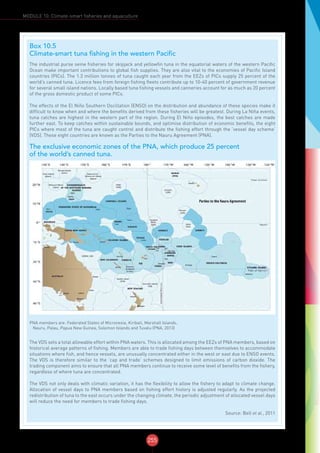 255
MODULE 10: Climate-smart fisheries and aquaculture
Box 10.5
Climate-smart tuna fishing in the western Pacific
The industrial purse seine fisheries for skipjack and yellowfin tuna in the equatorial waters of the western Pacific
Ocean make important contributions to global fish supplies. They are also vital to the economies of Pacific Island
countries (PICs). The 1.3 million tonnes of tuna caught each year from the EEZs of PICs supply 25 percent of the
world’s canned tuna. Licence fees from foreign fishing fleets contribute up to 10-40 percent of government revenue
for several small island nations. Locally based tuna fishing vessels and canneries account for as much as 20 percent
of the gross domestic product of some PICs.
The effects of the El Niño Southern Oscillation (ENSO) on the distribution and abundance of these species make it
difficult to know when and where the benefits derived from these fisheries will be greatest. During La Niña events,
tuna catches are highest in the western part of the region. During El Niño episodes, the best catches are made
further east. To keep catches within sustainable bounds, and optimise distribution of economic benefits, the eight
PICs where most of the tuna are caught control and distribute the fishing effort through the ‘vessel day scheme’
(VDS). These eight countries are known as the Parties to the Nauru Agreement (PNA).
The exclusive economic zones of the PNA, which produce 25 percent
of the world’s canned tuna.
PNA members are: Federated States of Micronesia, Kiribati, Marshall Islands,
Nauru, Palau, Papua New Guinea, Solomon Islands and Tuvalu (PNA, 2013)
The VDS sets a total allowable effort within PNA waters. This is allocated among the EEZs of PNA members, based on
historical average patterns of fishing. Members are able to trade fishing days between themselves to accommodate
situations where fish, and hence vessels, are unusually concentrated either in the west or east due to ENSO events.
The VDS is therefore similar to the ‘cap and trade’ schemes designed to limit emissions of carbon dioxide. The
trading component aims to ensure that all PNA members continue to receive some level of benefits from the fishery,
regardless of where tuna are concentrated.
The VDS not only deals with climatic variation, it has the flexibility to allow the fishery to adapt to climate change.
Allocation of vessel days to PNA members based on fishing effort history is adjusted regularly. As the projected
redistribution of tuna to the east occurs under the changing climate, the periodic adjustment of allocated vessel days
will reduce the need for members to trade fishing days.
Source: Bell et al., 2011
 