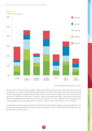 15
MODULE 1: Why Climate-smart agriculture, forestry and fisheries
Figure 1.1
Global food losses
60%
50%
40%
30%
20%
10%
0%
cereals roots
& tubers
oilseeds
& pulses
fruits &
vegetables
meat fish &
seafood
dairy
products
Consuption
Distribution
Processing
Postharves
Agriculture
Source adapted from Gustavsson et al., 2011
However, there are techniques available to reduce food losses. One example is household metal silos for
conservation of cereals or tubers (Mejia, 2008; Tadele et al., 2001), which have been actively promoted by
various organisations, including FAO and NGOs. The use of metal silos in Afghanistan has reduced storage
loss from 15-20 percent to less than 1-2 percent. They are manufactured locally, creating jobs, small enter-
prises and possibilities for diversification of the local economy. The silos enable farmers to preserve food,
making producers less vulnerable (either as sellers or buyers) to price fluctuations on local markets.
In developed countries, given that waste at the retail and consumption stages is extremely significant, re-
ducing waste requires behavioral changes and the involvement of all concerned stakeholders, governments,
private sector and civil society.
 