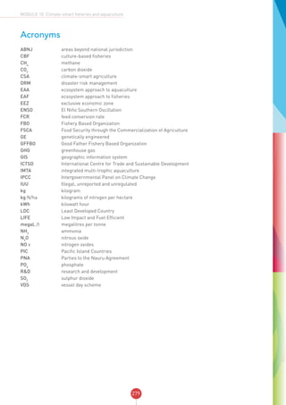 279
MODULE 10: Climate-smart fisheries and aquaculture
Acronyms
ABNJ	 areas beyond national jurisdiction
CBF	 culture-based fisheries
CH4
	 methane
CO2
	 carbon dioxide
CSA	 climate-smart agriculture
DRM	 disaster risk management
EAA	 ecosystem approach to aquaculture
EAF	 ecosystem approach to fisheries
EEZ	 exclusive economic zone
ENSO	 El Niño Southern Oscillation
FCR	 feed conversion rate
FBO	 Fishery Based Organization
FSCA	 Food Security through the Commercialization of Agriculture
GE	 genetically engineered
GFFBO	 Good Father Fishery Based Organization
GHG	 greenhouse gas
GIS	 geographic information system
ICTSD	 International Centre for Trade and Sustainable Development
IMTA	 integrated multi-trophic aquaculture
IPCC	 Intergovernmental Panel on Climate Change
IUU	 Illegal, unreported and unregulated
kg	 kilogram
kg N/ha	 kilograms of nitrogen per hectare
kWh	 kilowatt hour
LDC	 Least Developed Country
LIFE	 Low Impact and Fuel Efficient
megaL /t	 megalitres per tonne
NH3
	 ammonia
N2
O	 nitrous oxide
NO x	 nitrogen oxides
PIC	 Pacific Island Countries
PNA	 Parties to the Nauru Agreement
PO4
	 phosphate
R&D	 research and development
SO2
	 sulphur dioxide
VDS	 vessel day scheme
 