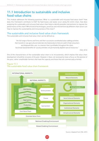 289
MODULE 11: Developing sustainable and inclusive food value chains for Climate-smart agriculture
11.1 Introduction to sustainable and inclusive
food value chains
This module addresses the following questions: What is a sustainable and inclusive food value chain? How
does this framework contribute to CSA? As food losses and waste occur along the entire chain, how does
analyzing the sustainable and inclusive food value chain help to identify possible interventions to improve the
performance of the chain? Which kind of technologies, practices and interventions by different chain actors can
help to improve the sustainability and inclusiveness of the chain?
The sustainable and inclusive food value chain framework
The sustainable and inclusive food value chain can be defined as:
“the full range of farms and firms and their successive coordinated value-adding activities
that transform raw agricultural materials into food products that are sold to final consumers
and disposed after use, in a manner that is profitable throughout the chain,
has broad-based benefits for society and does not permanently deplete natural resources.”
(FAO, 2013)
One of the characteristics of the sustainable value chain is its inclusiveness, which implies that value chain
development should be inclusive of the poor. However, it does not necessarily mean a focus on the poorest of
the poor, rather smallholder farmers that have the capacity and those that are commercially oriented.
Figure 11.1
The sustainable food value chain framework
Global Enabling Environment
National Enabling Environment
INTERNATIONAL MARKETS
NATIONAL MARKETS
Extended Value Chain
ECONOMIC
Governance
SOCIAL
ENVIRONMENTAL
Natural Elements
Socio Cultural Elements
Organizational Elements
Institutional Elements
Infrastructural Elements
Service provision
Finance
Input provision
Core Value Chain
Production
Aggregation
Processing
Distribution
SUSTAINABILITY
Source: Adapted from FAO, 2013
 