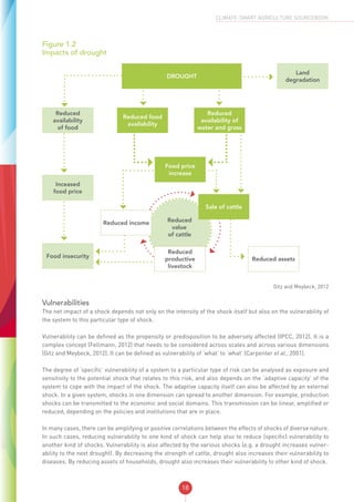 18
CLIMATE-SMART AGRICULTURE SOURCEBOOK
Figure 1.2
Impacts of drought
DROUGHT
Land
degradation
Reduced
availability
of food
Reduced food
availability
Food price
increase
Reduced
availability of
water and grass
Inceased
food price
Food insecurity Reduced assets
Reduced
value
of cattle
Sale of cattle
Reduced income
Reduced
productive
livestock
Gitz and Meybeck, 2012
Vulnerabilities
The net impact of a shock depends not only on the intensity of the shock itself but also on the vulnerability of
the system to this particular type of shock.
Vulnerability can be defined as the propensity or predisposition to be adversely affected (IPCC, 2012). It is a
complex concept (Fellmann, 2012) that needs to be considered across scales and across various dimensions
(Gitz and Meybeck, 2012). It can be defined as vulnerability of ‘what’ to ‘what’ (Carpenter et al., 2001).
The degree of ‘specific’ vulnerability of a system to a particular type of risk can be analysed as exposure and
sensitivity to the potential shock that relates to this risk, and also depends on the ‘adaptive capacity’ of the
system to cope with the impact of the shock. The adaptive capacity itself can also be affected by an external
shock. In a given system, shocks in one dimension can spread to another dimension. For example, production
shocks can be transmitted to the economic and social domains. This transmission can be linear, amplified or
reduced, depending on the policies and institutions that are in place.
In many cases, there can be amplifying or positive correlations between the effects of shocks of diverse nature.
In such cases, reducing vulnerability to one kind of shock can help also to reduce (specific) vulnerability to
another kind of shocks. Vulnerability is also affected by the various shocks (e.g. a drought increases vulner-
ability to the next drought). By decreasing the strength of cattle, drought also increases their vulnerability to
diseases. By reducing assets of households, drought also increases their vulnerability to other kind of shock.
 