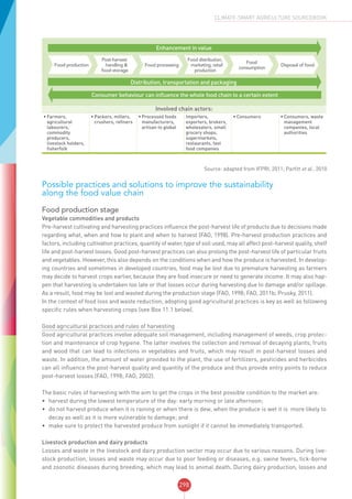 298
CLIMATE-SMART AGRICULTURE SOURCEBOOK
Enhancement in value
Distribution, transportation and packaging
Consumer behaviour can influence the whole food chain to a certain extent
Food production
Post-harvest
handling &
food storage
Food processing
Food distribution,
marketing, retail
production
Food
consumption
Disposal of food
Involved chain actors:
•	Farmers,
agricultural
labourers,
commodity
producers,
livestock holders,
fisherfolk
•	Packers, millers,
crushers, refiners
•	Processed foods
manufacturers,
artisan to global
Importers,
exporters, brokers,
wholesalers, small
grocery shops;
supermarkets,
restaurants, fast
food companies
•	Consumers •	Consumers, waste
management
companies, local
authorities
Source: adapted from IFPRI, 2011; Parfitt et al., 2010
Possible practices and solutions to improve the sustainability
along the food value chain
Food production stage
Vegetable commodities and products
Pre-harvest cultivating and harvesting practices influence the post-harvest life of products due to decisions made
regarding what, when and how to plant and when to harvest (FAO, 1998). Pre-harvest production practices and
factors, including cultivation practices, quantity of water, type of soil used, may all affect post-harvest quality, shelf
life and post-harvest losses. Good post-harvest practices can also prolong the post-harvest life of particular fruits
and vegetables. However, this also depends on the conditions when and how the produce is harvested. In develop-
ing countries and sometimes in developed countries, food may be lost due to premature harvesting as farmers
may decide to harvest crops earlier, because they are food insecure or need to generate income. It may also hap-
pen that harvesting is undertaken too late or that losses occur during harvesting due to damage and/or spillage.
As a result, food may be lost and wasted during the production stage (FAO, 1998; FAO, 2011b; Prusky, 2011).
In the context of food loss and waste reduction, adopting good agricultural practices is key as well as following
specific rules when harvesting crops (see Box 11.1 below).
Good agricultural practices and rules of harvesting
Good agricultural practices involve adequate soil management, including management of weeds, crop protec-
tion and maintenance of crop hygiene. The latter involves the collection and removal of decaying plants, fruits
and wood that can lead to infections in vegetables and fruits, which may result in post-harvest losses and
waste. In addition, the amount of water provided to the plant, the use of fertilizers, pesticides and herbicides
can all influence the post-harvest quality and quantity of the produce and thus provide entry points to reduce
post-harvest losses (FAO, 1998; FAO, 2002).
The basic rules of harvesting with the aim to get the crops in the best possible condition to the market are:
•	 harvest during the lowest temperature of the day: early morning or late afternoon;
•	 do not harvest produce when it is raining or when there is dew, when the produce is wet it is more likely to
decay as well as it is more vulnerable to damage; and
•	 make sure to protect the harvested produce from sunlight if it cannot be immediately transported.
Livestock production and dairy products
Losses and waste in the livestock and dairy production sector may occur due to various reasons. During live-
stock production, losses and waste may occur due to poor feeding or diseases, e.g. swine fevers, tick-borne
and zoonotic diseases during breeding, which may lead to animal death. During dairy production, losses and
 