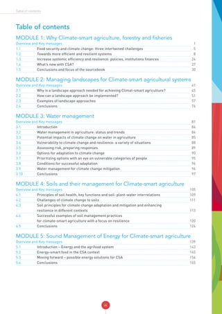 iii
Table of contents
Table of contents
MODULE 1: Why Climate-smart agriculture, forestry and fisheries
Overview and Key messages	 	1
1.1	 Food security and climate change: three intertwined challenges		5
1.2.	 Towards more efficient and resilient systems		8
1.3	 Increase systemic efficiency and resilience: policies, institutions finances		24
1.4	 What’s new with CSA?		27
1.5	 Conclusions and focus of the sourcebook		30
MODULE 2: Managing landscapes for Climate-smart agricultural systems
Overview and Key messages	 	41
2.1	 Why is a landscape approach needed for achieving Climat-smart agriculture?		45
2.2	 How can a landscape approach be implemented?		51
2.3	 Examples of landscape approaches		57
2.4	Conclusions		 	 76
MODULE 3: Water management
Overview and Key messages	 	81
3.1	Introduction		 	 84
3.2	 Water management in agriculture: status and trends		84
3.3	 Potential impacts of climate change on water in agriculture		85
3.4	 Vulnerability to climate change and resilience: a variety of situations		88
3.5	 Assessing risk, preparing responses		89
3.6	 Options for adaptation to climate change		90
3.7	 Prioritizing options with an eye on vulnerable categories of people		95
3.8	 Conditions for successful adaptation		96
3.9	 Water management for climate change mitigation		96
3.10	Conclusions		 	 97
MODULE 4: Soils and their management for Climate-smart agriculture
Overview and Key messages	 	105
4.1	 Principles of soil health, key functions and soil: plant-water interrelations		109
4.2	 Challenges of climate change to soils		111
4.3	 Soil principles for climate change adaptation and mitigation and enhancing
resilience in different contexts		113
4.4	 Successful examples of soil management practices
for climate-smart agriculture with a focus on resilience		120
4.5	Conclusions		 	124
MODULE 5: Sound Management of Energy for Climate-smart agriculture
Overview and Key messages	 	139
5.1	 Introduction – Energy and the agrifood system		143
5.2	 Energy-smart food in the CSA context		145
5.3 	 Moving forward – possible energy solutions for CSA		156
5.4	Conclusions		 	165
 