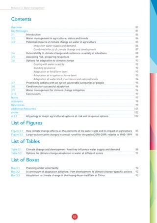83
MODULE 3: Water management
Contents
Overview	 		 			81
Key Messages	 		 	 81
3.1	Introduction		 	 84
3.2	 Water management in agriculture: status and trends		84
3.3	 Potential impacts of climate change on water in agriculture		85
	 		 Impact on water supply and demand		86
	 		 Combined effects of climate change and development		87
3.4	 Vulnerability to climate change and resilience: a variety of situations		88
3.5	 Assessing risk, preparing responses		89
3.6	 Options for adaptation to climate change		90
	 		 Coping with water scarcity		92
	 		 Building resilience		92
	 		 Adaptation at field/farm level		93
	 		 Adaptation at irrigation scheme level		93
	 		 Adaptation at watershed, river basin and national levels		94
3.7	 Prioritizing options with an eye on vulnerable categories of people		95
3.8	 Conditions for successful adaptation		96
3.9	 Water management for climate change mitigation		96
3.10	Conclusions		 	 97
Notes	 		 			97
Acronyms	 		 			98
References	 		 			99
Additional Resources	 		101
Annex	 		 			102
A.3.1	 A typology or major agricultural systems at risk and response options		102
List of Figures
Figure 3.1	 How climate change affects all the elements of the water cycle and its impact on agriculture		85
Figure 3.2	 Large-scale relative changes in annual runoff for the period 2090–2099, relative to 1980–1999		86
List of Tables
Table 3.1	 Climate change and development: how they influence water supply and demand		88
Table 3.2	 Options for climate change adaptation in water at different scales		91
List of Boxes
Box 3.1	 Planning under uncertainty		90
Box 3.2	 A continuum of adaptation activities: from development to climate change-specific actions		92
Box 3.3	 Adaptation to climate change in the Huang-Huai-Hai Plain of China		93
 