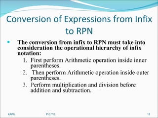 Conversion of Expressions from Infix to RPN The conversion from infix to RPN must take into consideration the operational hierarchy of infix notation: 1. First perform Arithmetic operation inside inner parentheses. 2.  Then perform Arithmetic operation inside outer parentheses. 3.  P erform multiplication and division before addition and subtraction. KAPIL P.C.T.E. 