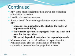 Continued RPN is the most efficient method known for evaluating arithmetic expressions. Used in electronic calculators. Stack is useful for evaluating arithmetic expressions in RPN operands are pushed into the stack in the order of appearance (in RPN) the topmost operands are popped from the stack and used for the operation The result is pushed to replace the popped operands Most compilers convert all arithmetic expressions into Polish notation: efficient translation of arithmetic expressions into machine language instructions. KAPIL P.C.T.E. 