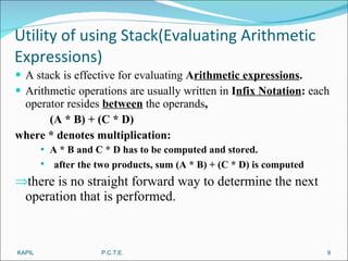 Utility of using Stack(Evaluating Arithmetic Expressions) A stack is effective for evaluating  A rithmetic expressions . Arithmetic operations are usually written in  I nfix Notation :  each operator resides   between   the operands ,  (A * B) + (C * D)  where * denotes multiplication: A * B and C * D has to be computed and stored. after the two products, sum (A * B) + (C * D) is computed there is no straight forward way to determine the next operation that is performed. KAPIL P.C.T.E. 