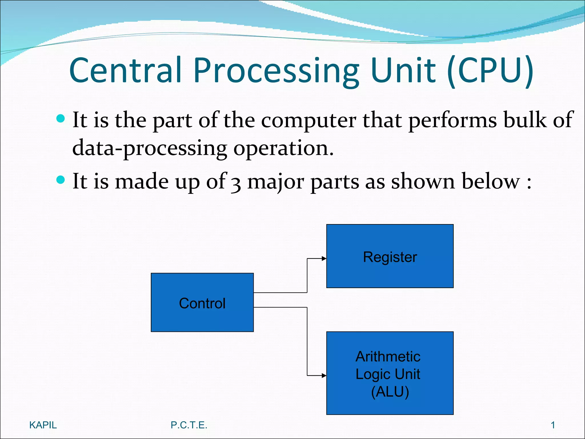 Central Processing Unit (CPU) It is the part of the computer that performs bulk of data-processing operation. It is made up of 3 major parts as shown below :  KAPIL P.C.T.E. Control Register Arithmetic  Logic Unit  (ALU) 