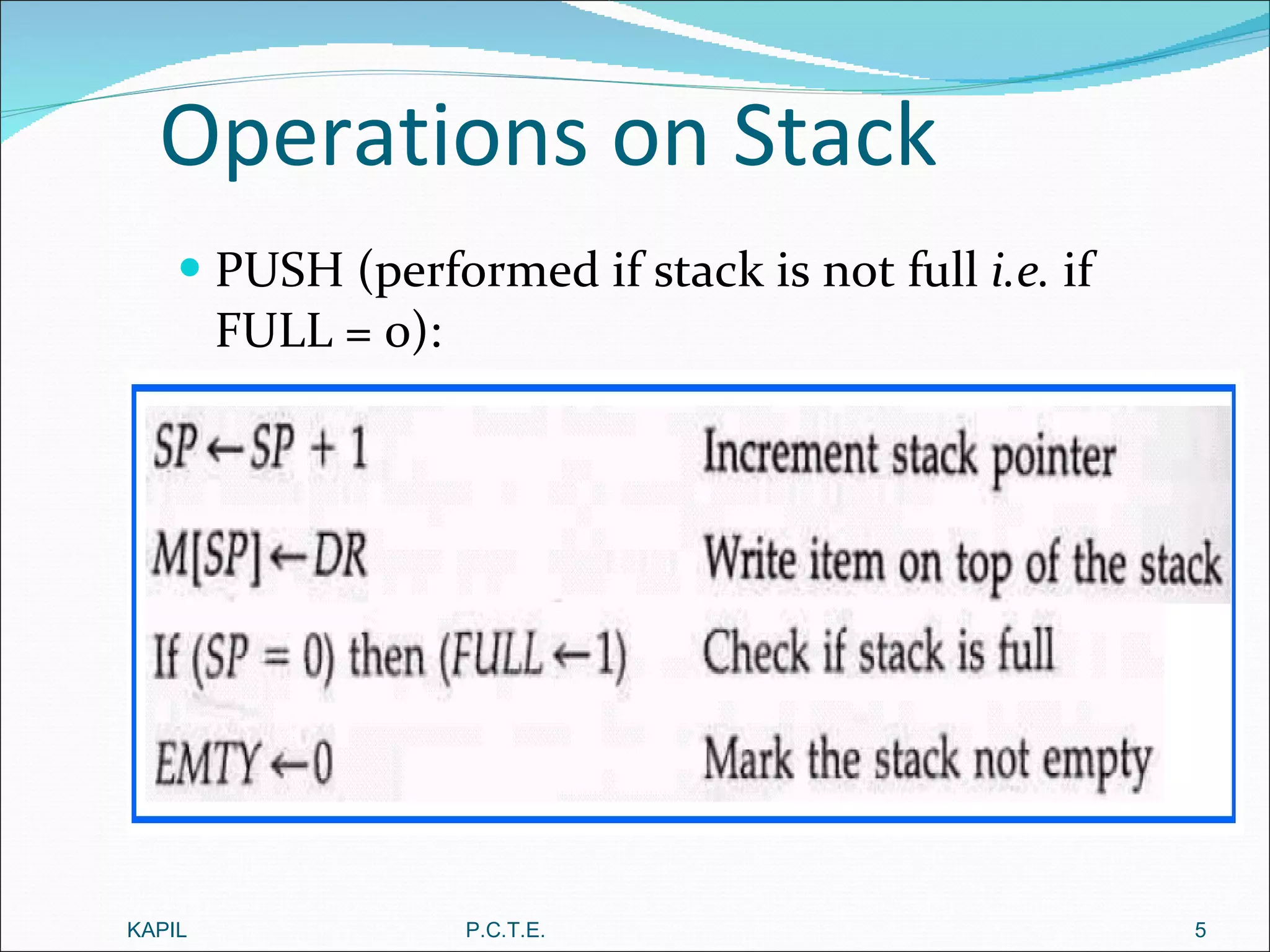 Operations on Stack PUSH (performed if stack is not full  i.e.  if FULL = 0): KAPIL P.C.T.E. 