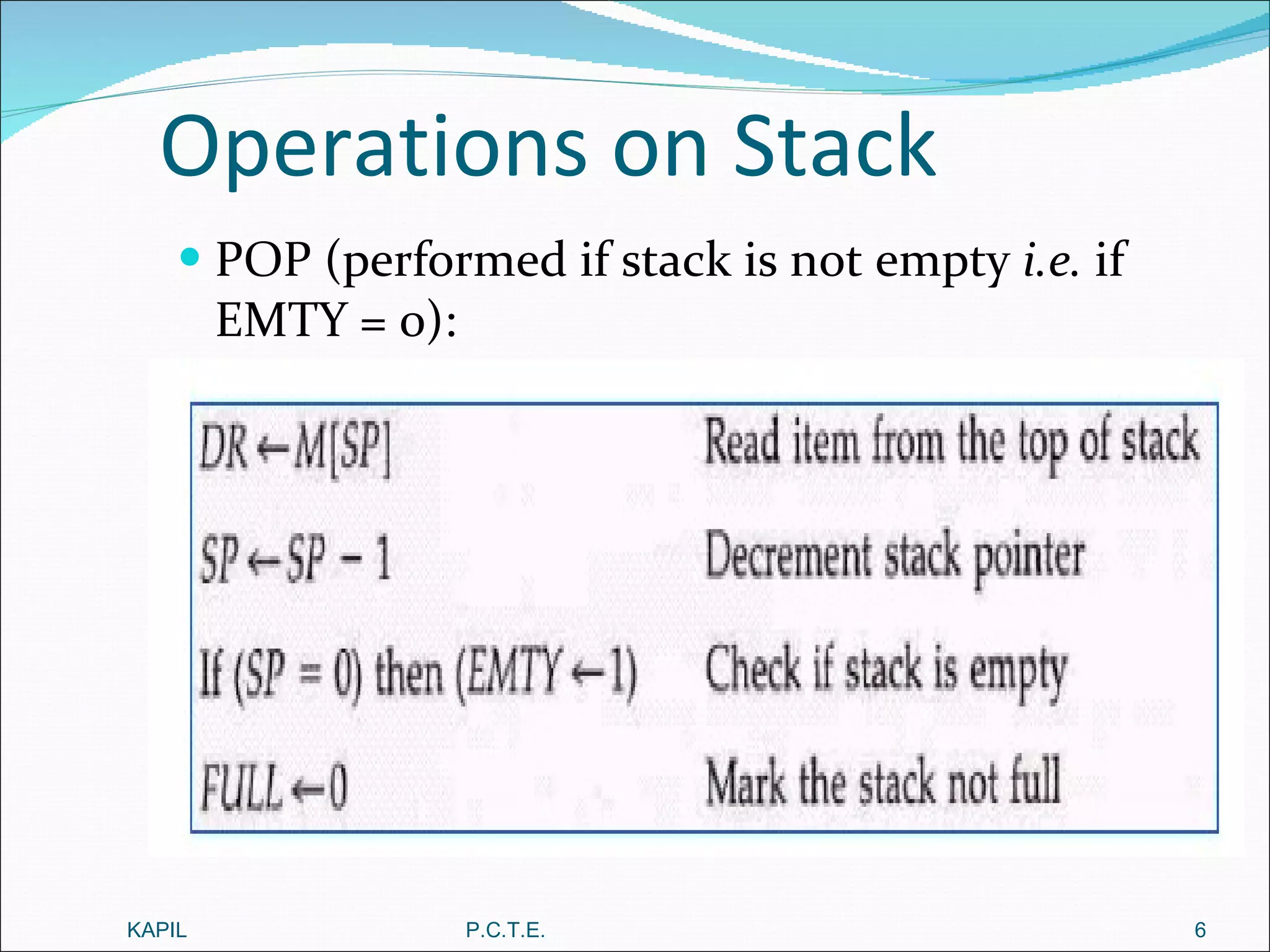 Operations on Stack POP (performed if stack is not empty  i.e.  if EMTY = 0): KAPIL P.C.T.E. 