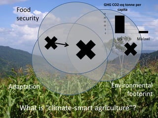Food
security

GHG CO2-eq tonne per
capita
25
20
15

10
5
0

US

Adaptation

Malawi

Environmental
footprint

What is “climate-smart agriculture”?

2

 