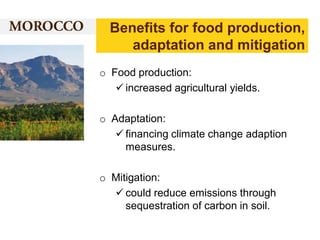 Benefits for food production,
adaptation and mitigation
o Food production:
 increased agricultural yields.
o Adaptation:
 financing climate change adaption
measures.
o Mitigation:
 could reduce emissions through
sequestration of carbon in soil.

 