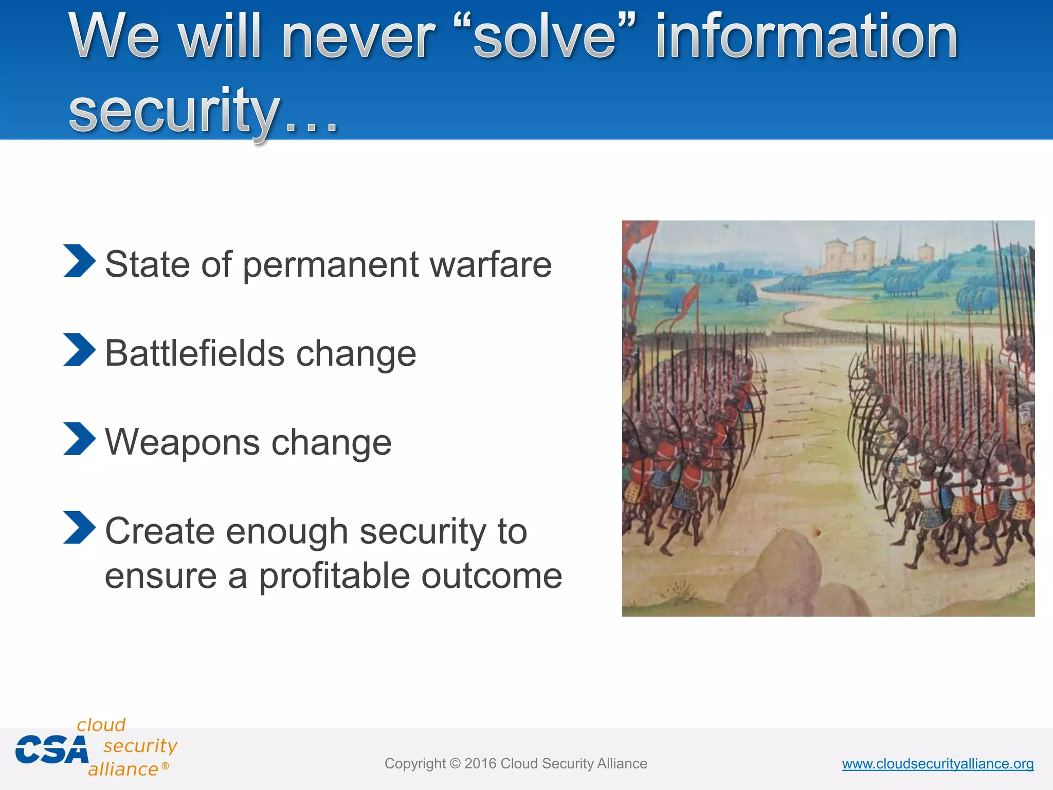 www.cloudsecurityalliance.orgwww.cloudsecurityalliance.orgCopyright © 2016 Cloud Security Alliance
State of permanent warfare
Battlefields change
Weapons change
Create enough security to
ensure a profitable outcome
 