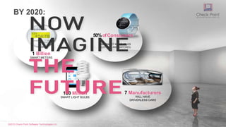 ©2015 Check Point Software Technologies Ltd. 8
BY 2020:
1 Billion
SMART METERS
100 Million
SMART LIGHT BULBS
7 Manufacturers
WILL HAVE
DRIVERLESS CARS
USE SMART WEARABLES
(CLOTHING AND WATCHES)
50%ofConsumers
 