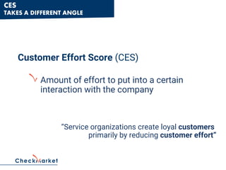CES
TAKES A DIFFERENT ANGLE
Customer Effort Score (CES)
Amount of effort to put into a certain
interaction with the company
“Service organizations create loyal customers
primarily by reducing customer effort”
 