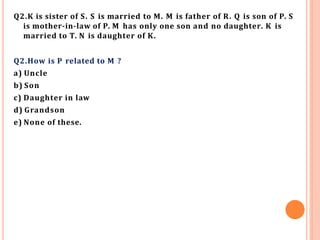 Q2.K is sister of S. S is married to M. M is father of R. Q is son of P. S
is mother-in-law of P. M has only one son and no daughter. K is
married to T. N is daughter of K.
Q2.How is P related to M ?
a) Uncle
b) Son
c) Daughter in law
d) Grandson
e) None of these.
 